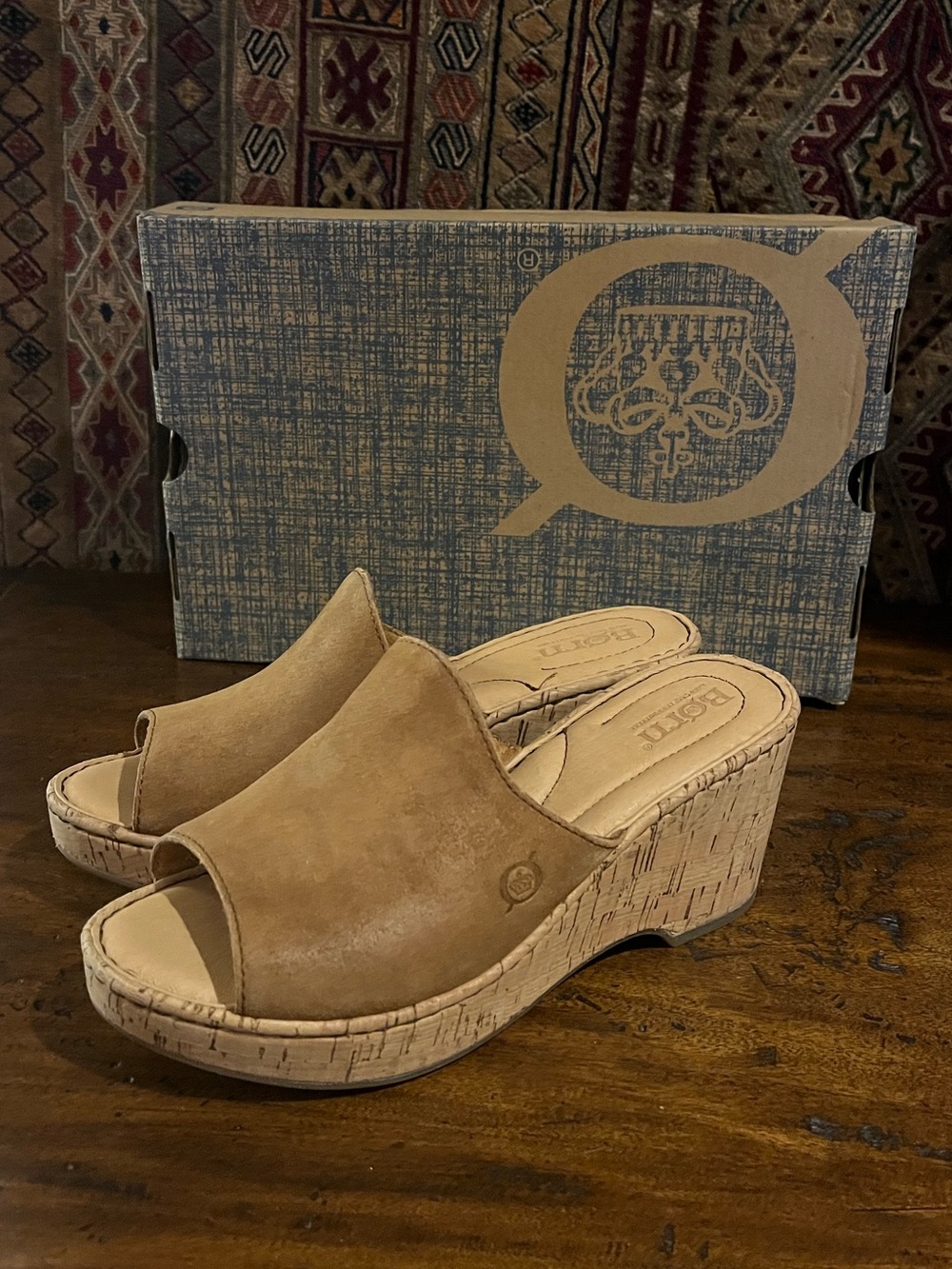 Born “Lilah” Camel Suede Cork Wedge Slide Sandals Size 6M - NEW IN BOX